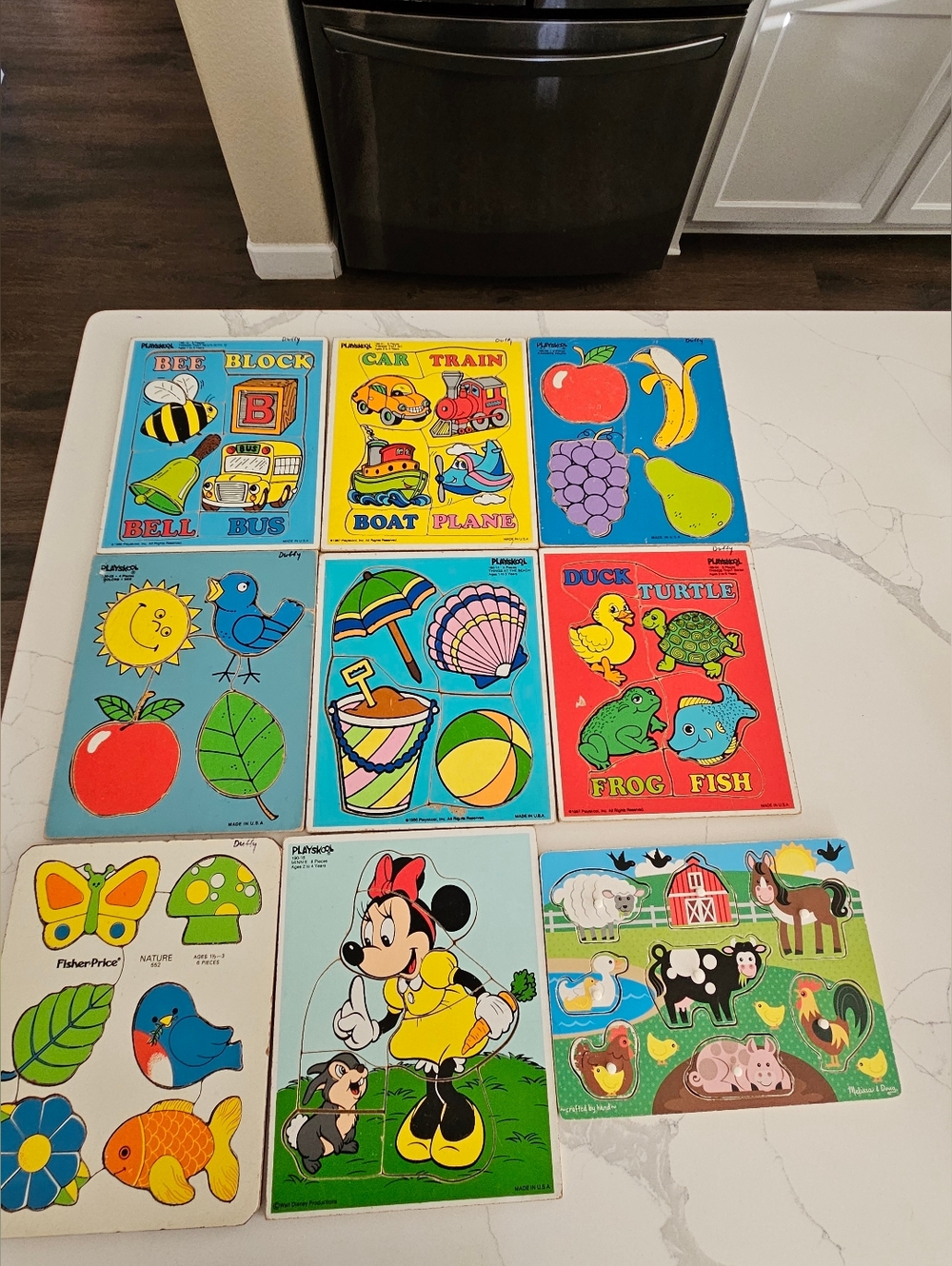 Bundle of 9 Vintage Playskool Disney Melissa & Doug Wood Tray Puzzles